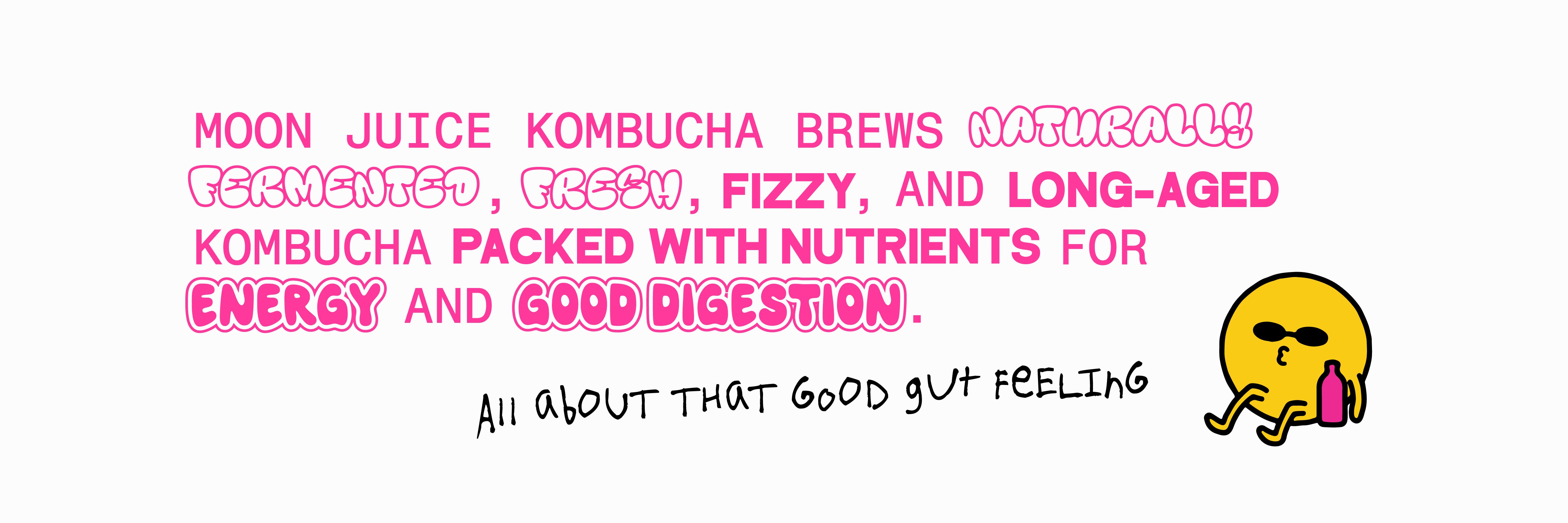 Moon Juice Kombucha brews naturally fermented, fresh, fizzy and long-aged kombucha packed with nutrients for energy and good digestion. All about that good gut feeling. Image of Moon Guy with Sunglasses