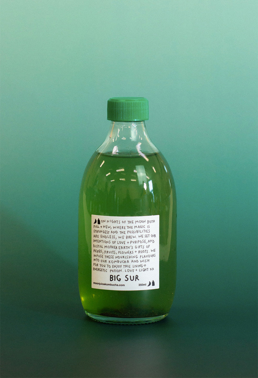 Bottle of 'Big Sur' kombucha with a green cap on a teal gradient background