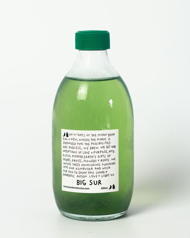 A 350ml bottle of Big Sur (Blueberry Blue Spirulina Kombucha) with a green cap against a clean white background.