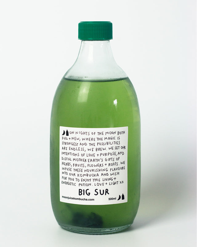 A 500ML bottle of Big Sur (Blueberry Blue Spirulina Kombucha) with a green cap against a clean white background.