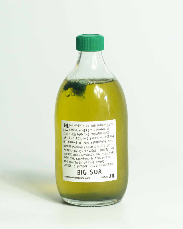 A 500ML bottle of Big Sur (Blueberry Blue Spirulina Kombucha) with a green cap against a clean white background.