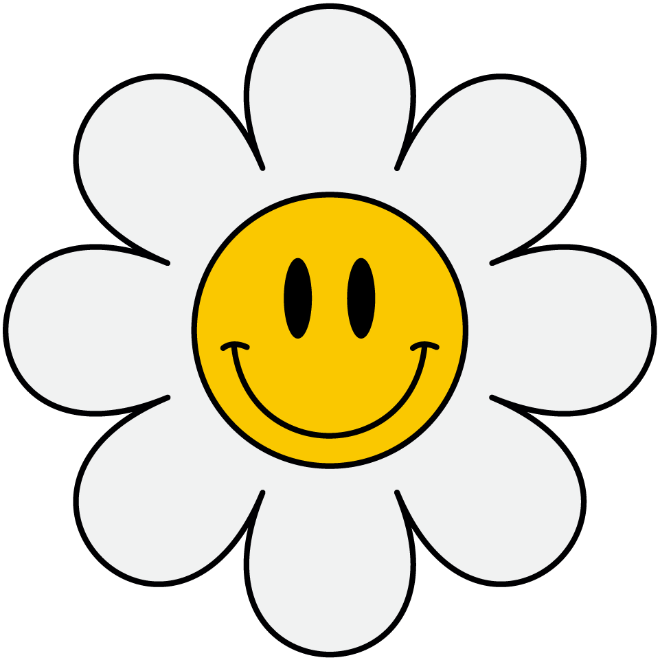 An illustration of a white daisy with a yellow center, and a smiley face on it.