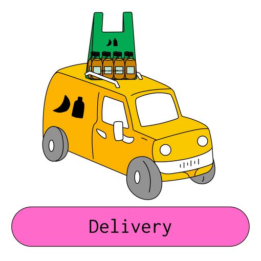 An illustrated image of a yellow van carrying a green jellybag bundle, with a button labeled "Delivery" below.