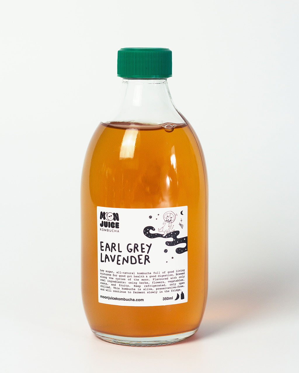 A 350ml bottle of Earl Grey Lavender Kombucha with a green cap against a clean white background.