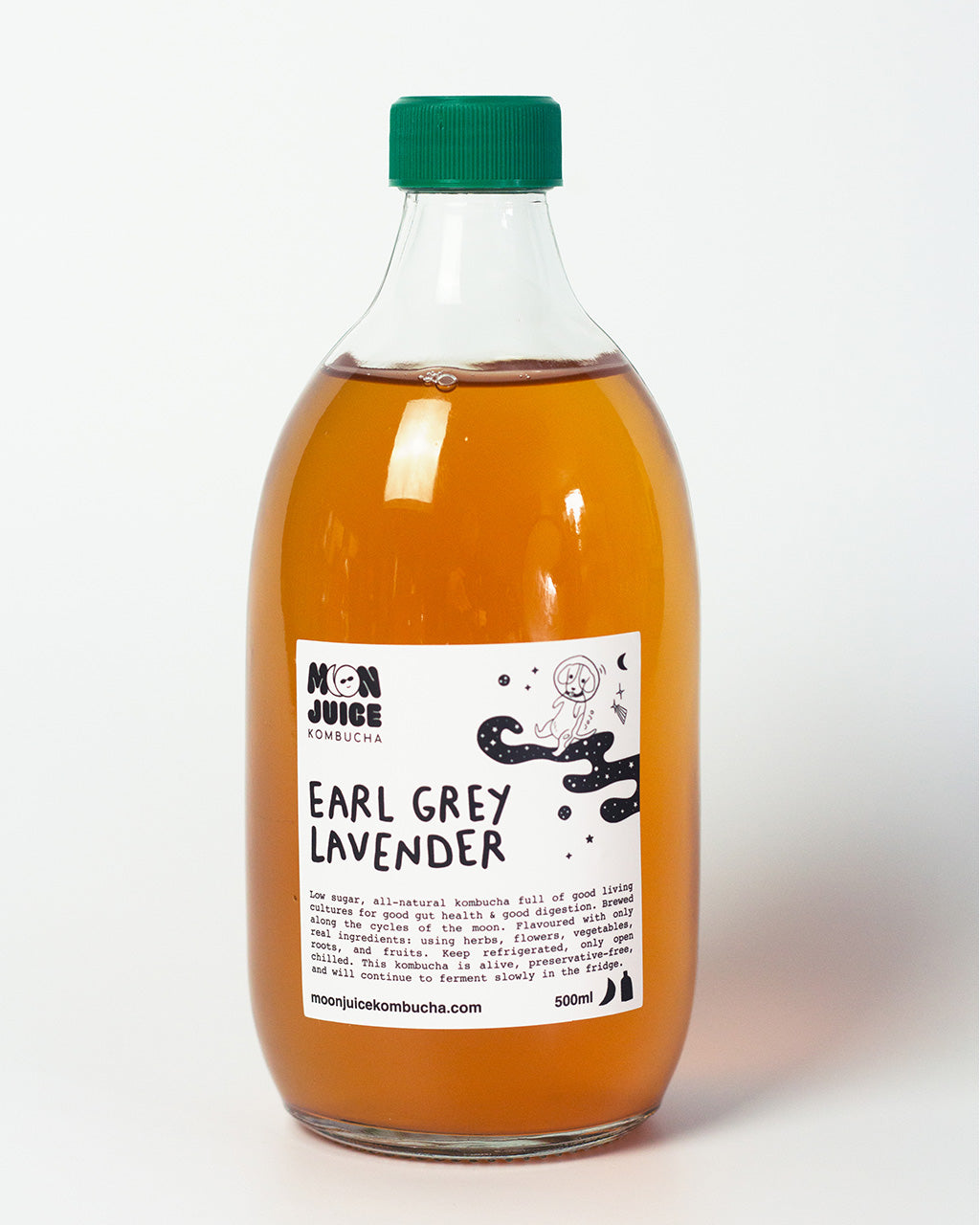 A 500ML bottle of Earl Grey Lavender Kombucha with a green cap against a clean white background.