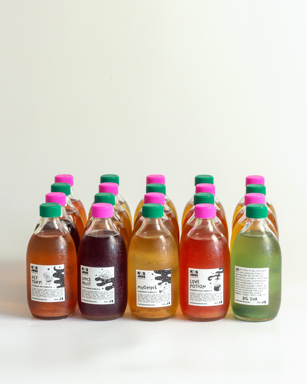 4 rows of 5 kombucha bottles on a light background