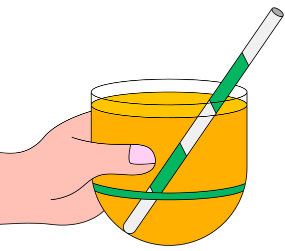 An illustrated sticker of a hand holding a cup of kombucha with a straw in it.