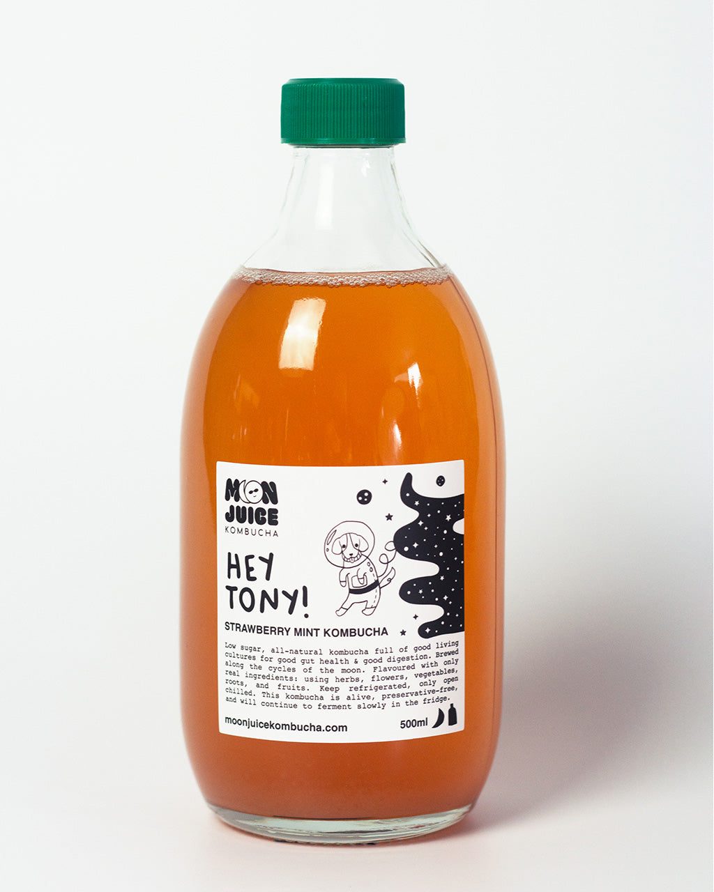 A 500ML bottle of Hey Tony! (Strawberry Mint Kombucha) with a green cap against a clean white background.