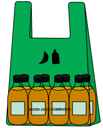 An illustration of a green Moon Juice Kombucha branded jellybag, with 8 glass bottles inside.
