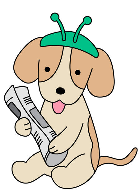 An illustrated dog sat down wearing an alien hat, holding a rolled up newspaper between his paws