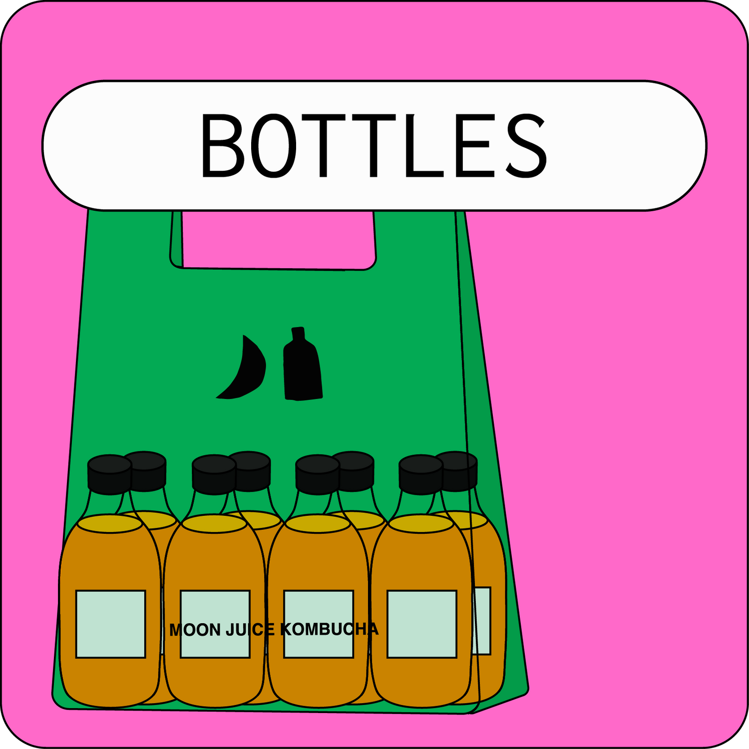 Illustration of a kombucha bundle – a Moon Juice Kombucha branded jellybag with 8 bottles, labeled "Bottles"
