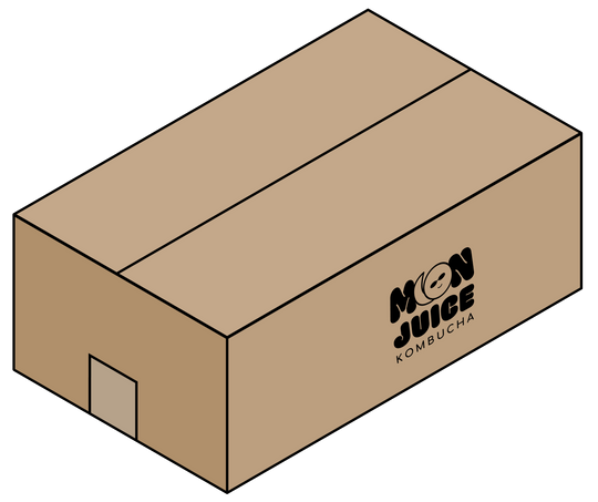 An illustration of a cardboard box with a Moon Juice Kombucha logo printed on the box.