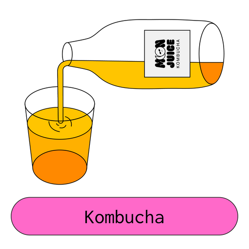 An illustrated image of a glass bottle with a Moon Juice Kombucha sticker on it being poured out into a cup, with a button labeled "Kombucha" below.