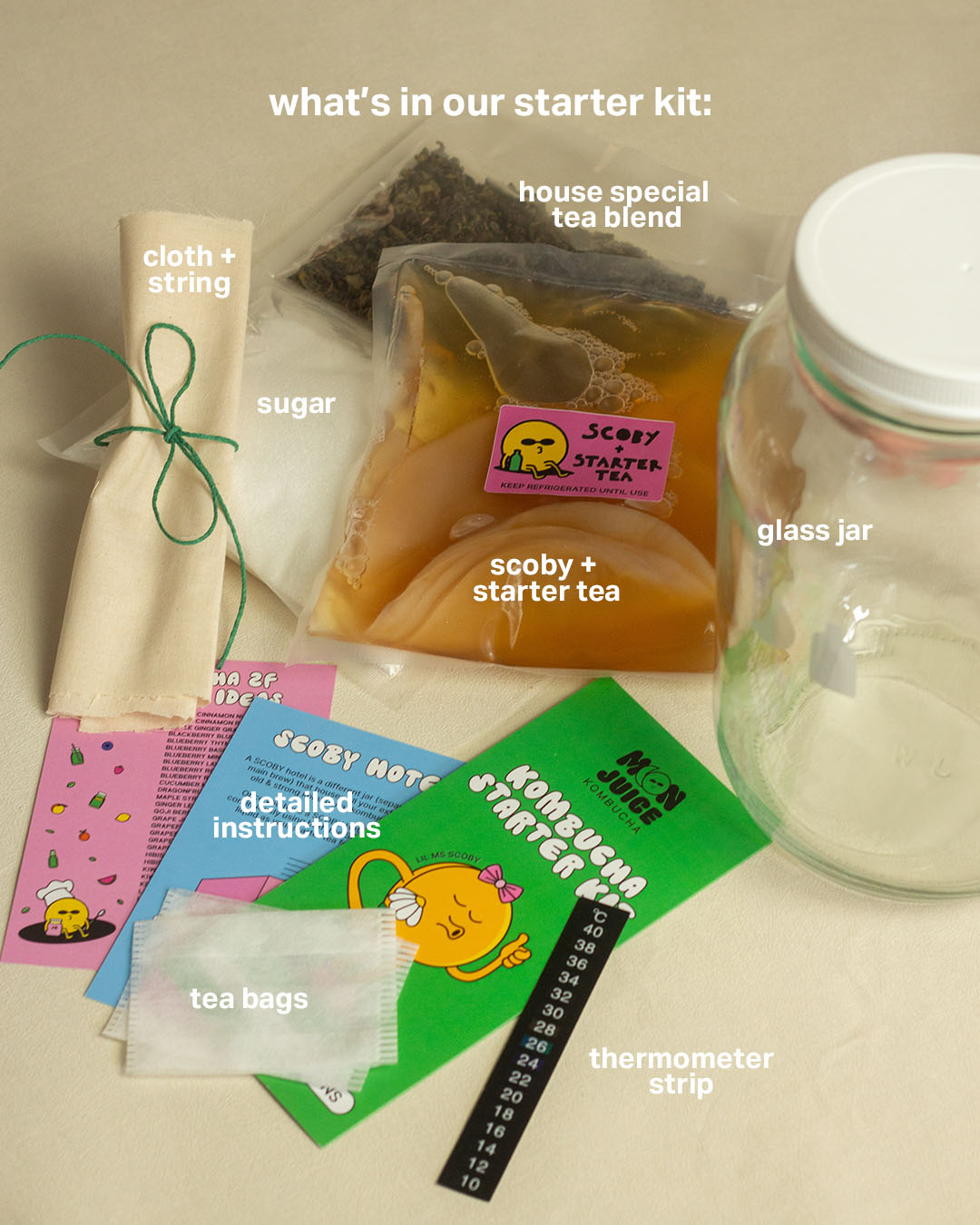 Flatlay image of what's inside a Moon Juice Kombucha Starter Kit