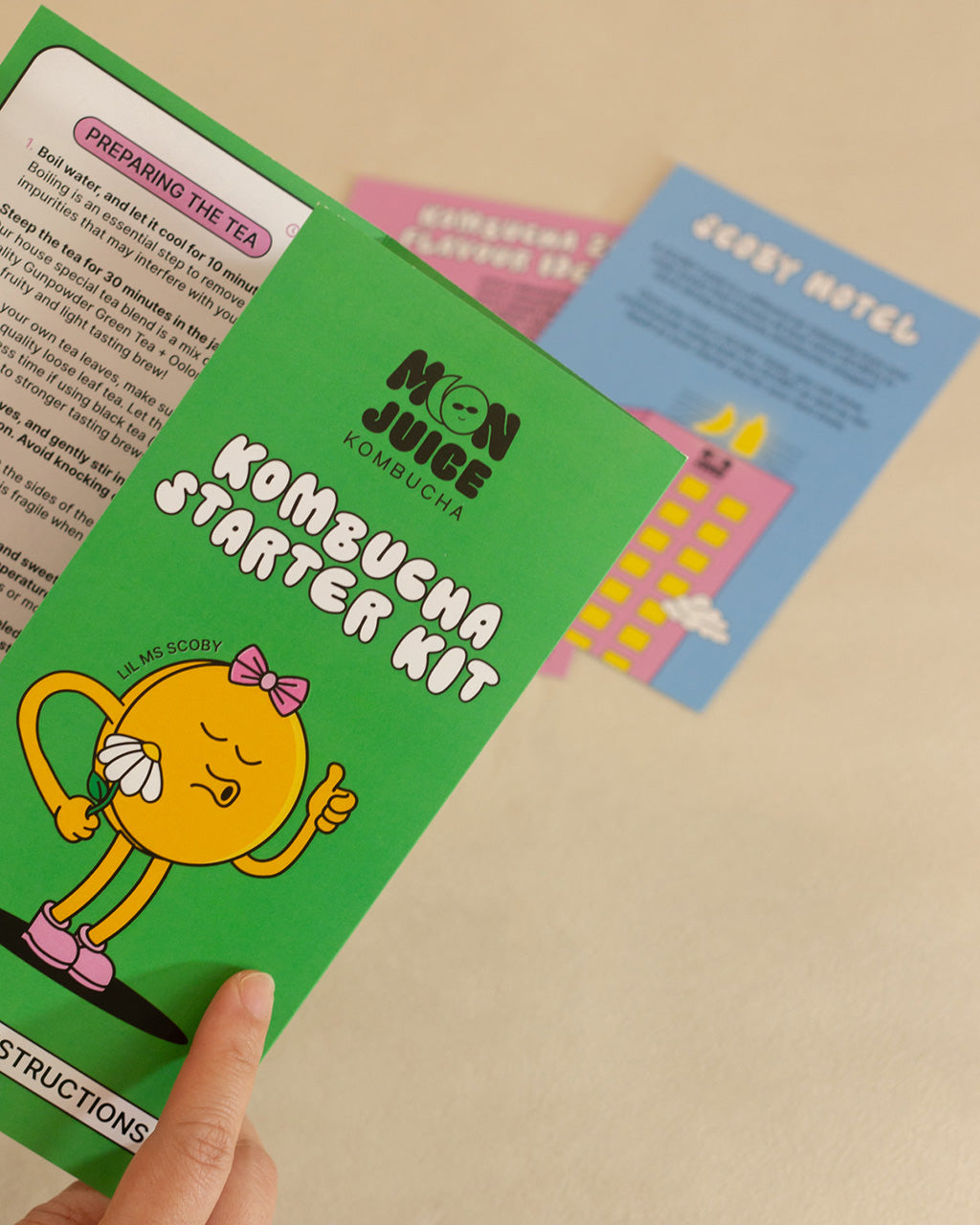 Close-up of someone holding a green “Kombucha Starter Kit Instructions” brochure, with two more out of focus instruction cards in the background.