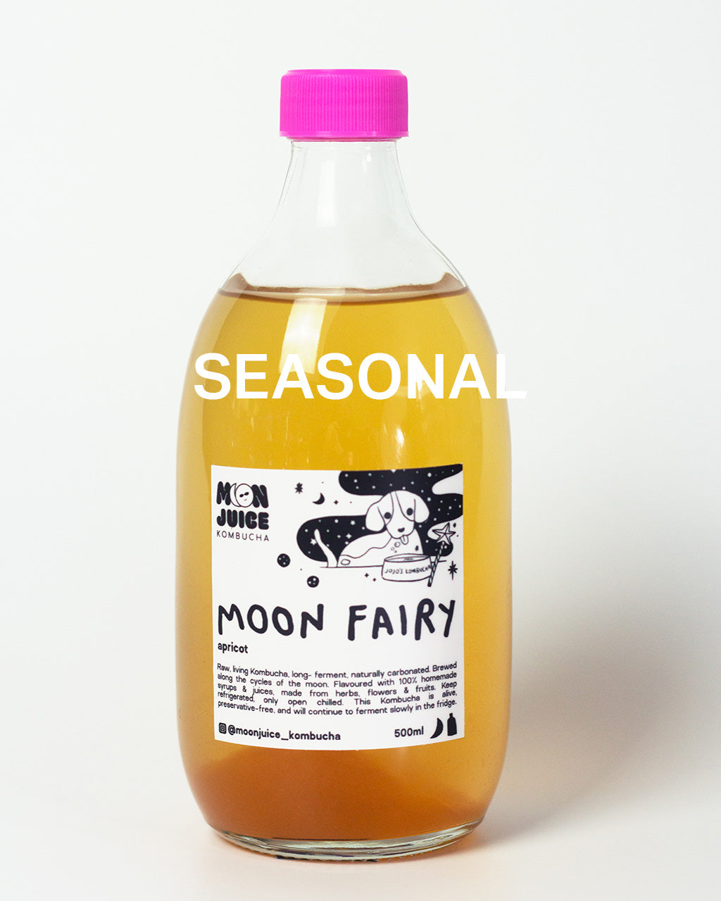 500ML Bottle of Moon Fairy kombucha (apricot) with a pink cap on a white background, with the caption "SEASONAL"