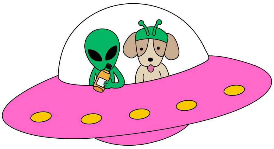 An illustration of an alien holding a kombucha, and a dog wearing an alien headband, sitting together in a pink flying saucer