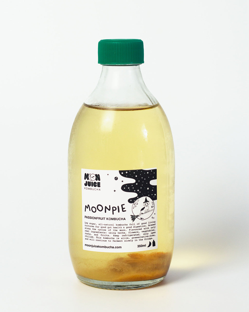A 350ml bottle of Moonpie (Passionfruit Kombucha) with a green cap against a clean white background.