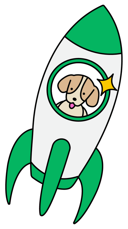 An illustrated white and green rocket with a dog sticking its tongue out in the window