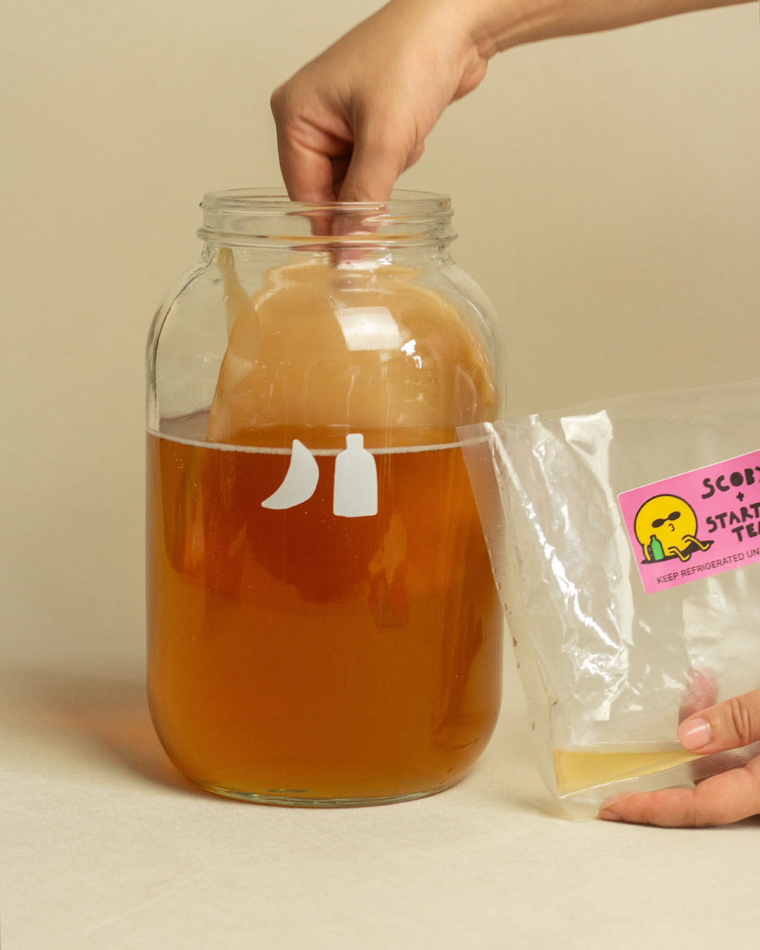 A piece of SCOBY being placed into a jar of tea