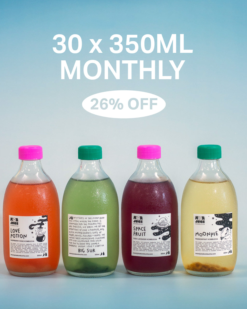 Four bottles of kombucha on a light blue background with "30 x 350ML Monthly, 26% off"
