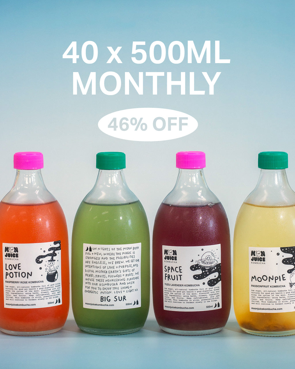 Four bottles of kombucha on a light blue background with "40 x 500ML Monthly, 46% off"