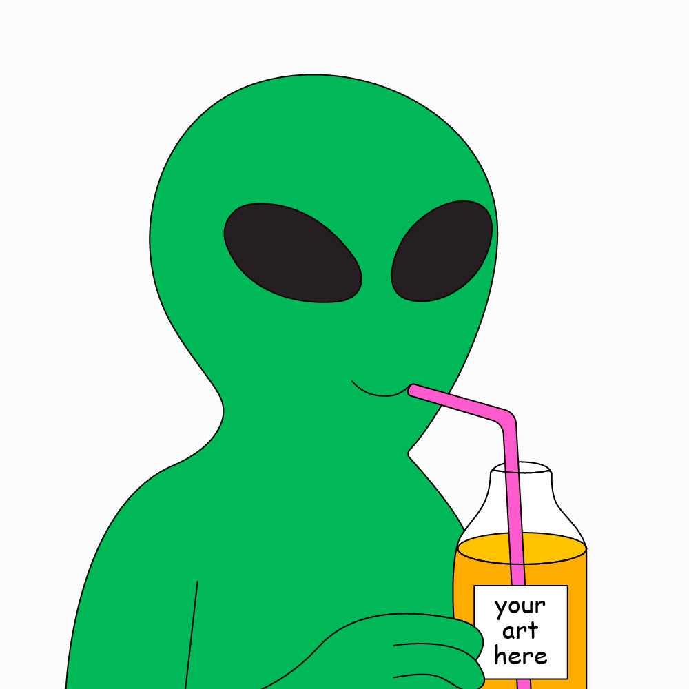An illustration of a happy alien drinking kombucha from a bottle with a straw, with a sticker that says "your art here" on the bottle.