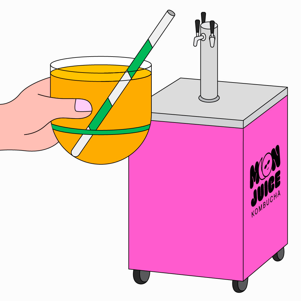 An illustration of a kegerator with the Moon Juice Kombucha logo on it, and a hand holding a cup of kombucha.