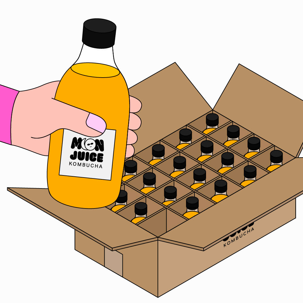 An illustration of a box of 20 bottles of kombucha, and a hand holding a bottle.