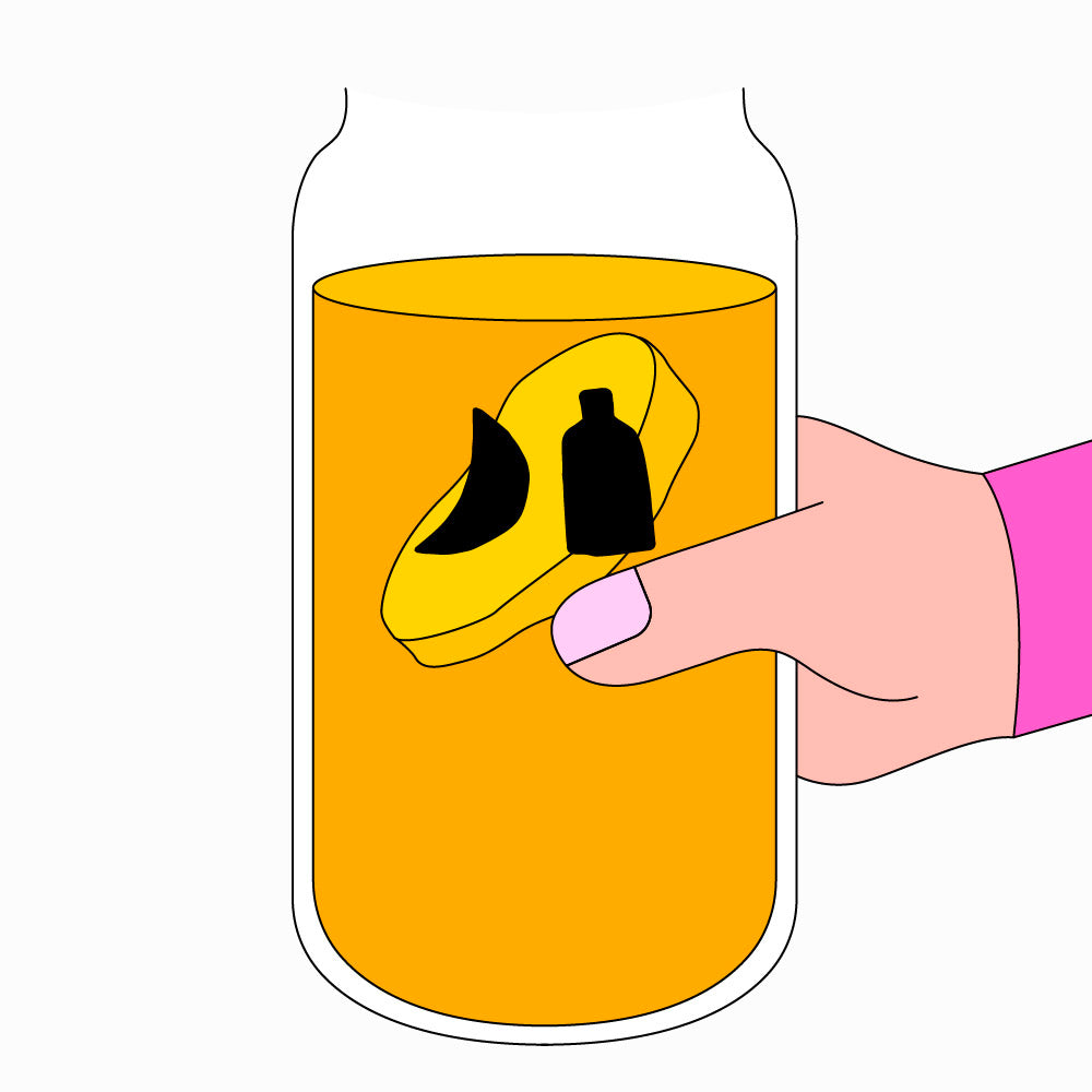 An illustration of a hand holding a jar of kombucha with a SCOBY floating in it.