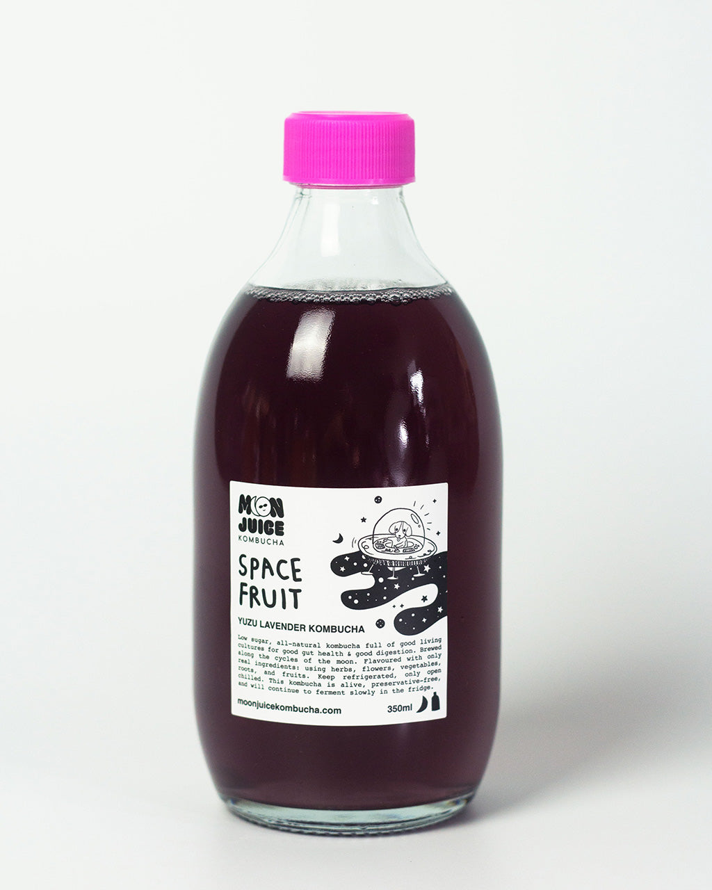 A 350ml bottle of Space Fruit (Yuzu Lavender Kombucha) with a pink cap against a clean white background.