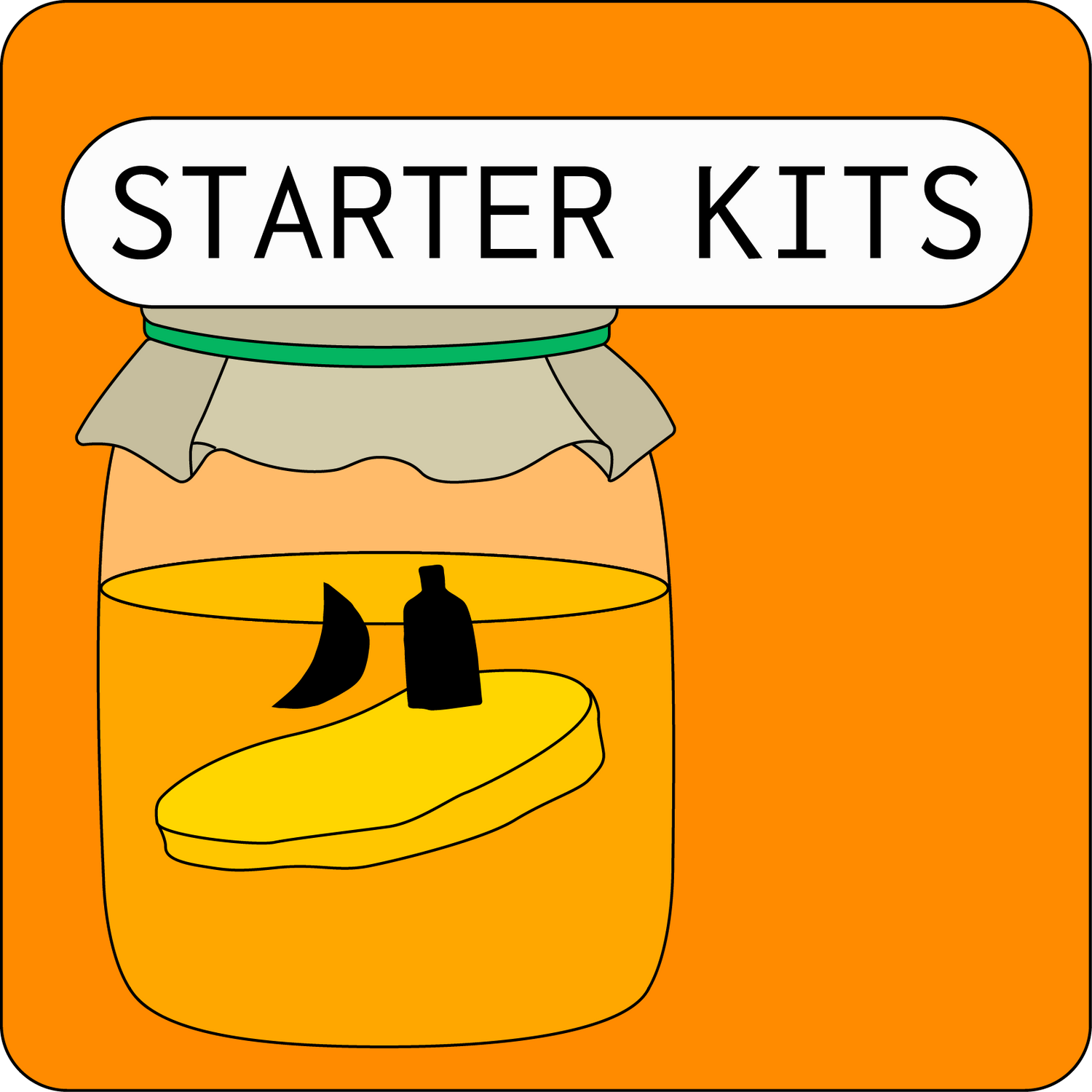 Illustration of a jar of kombucha with a moon bottle sticker on it, labeled "Starter Kits"