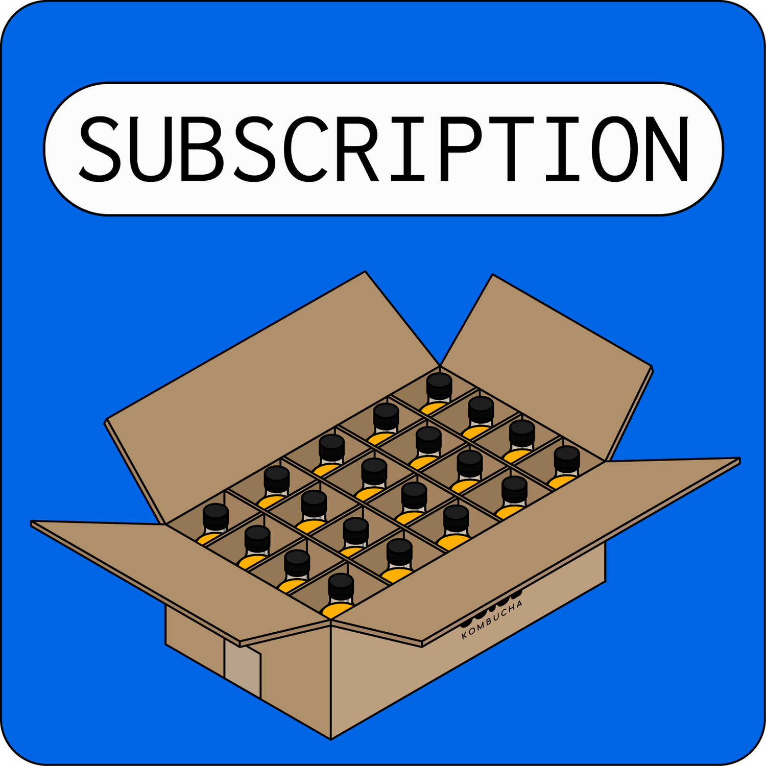 Illustration of a Moon Juice Kombucha branded box with 20 bottles inside, labeled "Subscriptions"