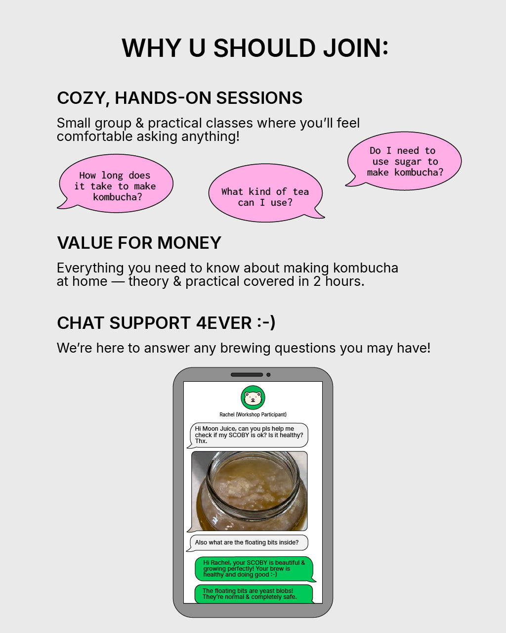 Infographic for a kombucha-making class with the benefits of joining listed.