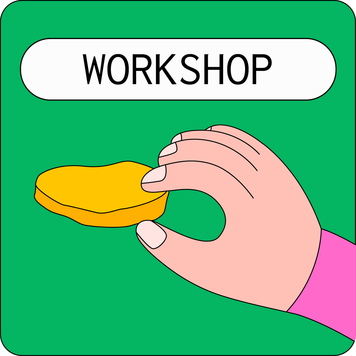 Illustration of a hand holding a SCOBY, labeled "Monthly Kombucha Workshop"