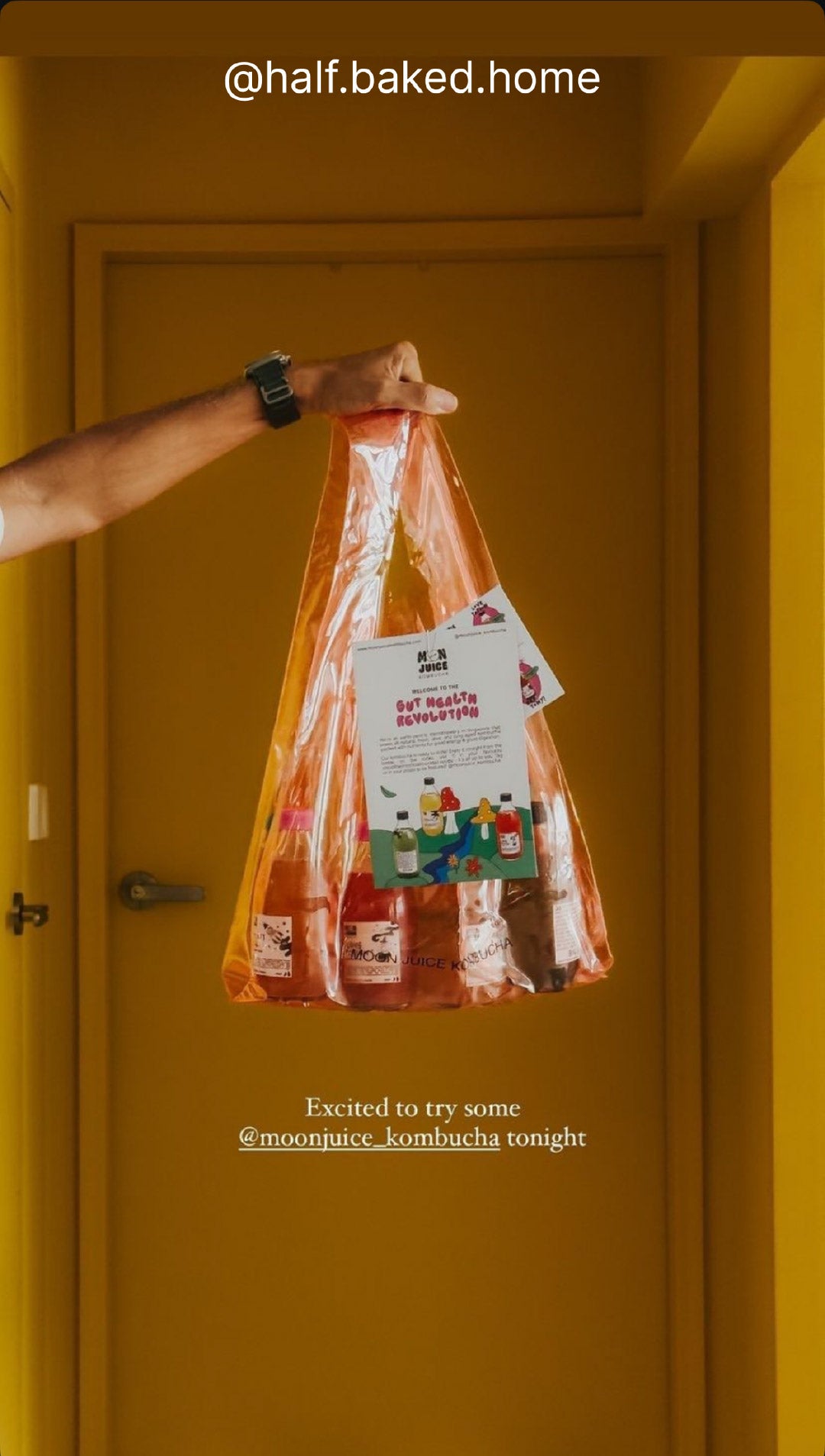 An arm holding an orange jellybag of 8 Moon Juice Kombucha drinks in their house. Taken by @half.baked.home
