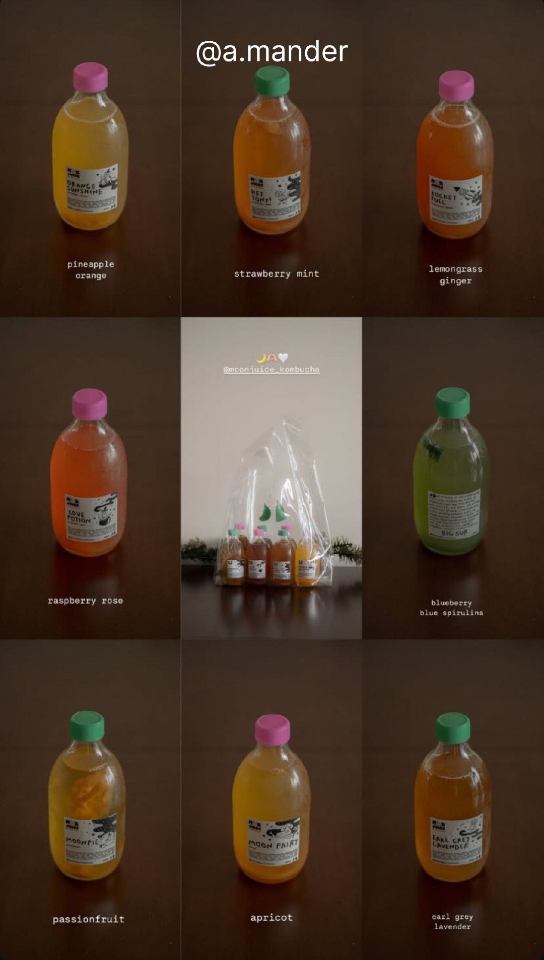 Grid collage showing 8 kombucha bottles with a center image of the drinks packed in a clear Moon Juice jellybag. Taken by @a.mander