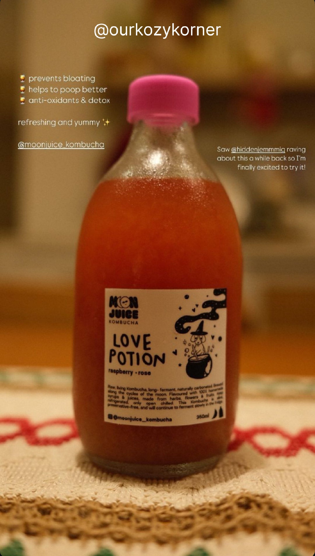 Detailed close-up of Love Potion (raspberry rose kombucha) showing the vibrant colour and fizz. Taken by @ourkozykorner