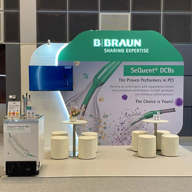 A kombucha cart setup in a convention hall as part of BBraun's booth.