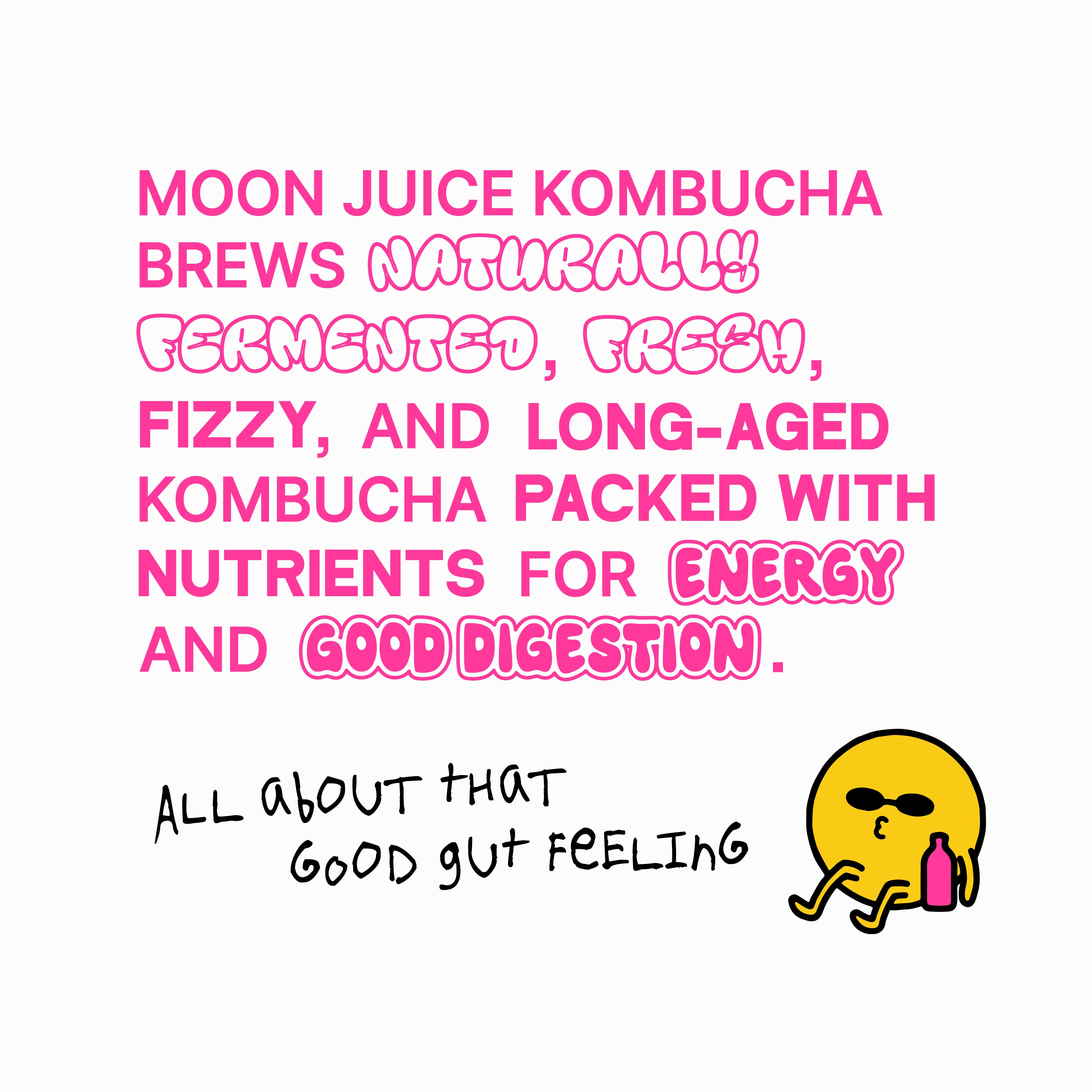 Moon Juice Kombucha brews naturally fermented, fresh, fizzy and long-aged Kombucha packed with nutrients for energy and good digestion. All about that good gut feeling. Image of Moon Guy with Sunglasses