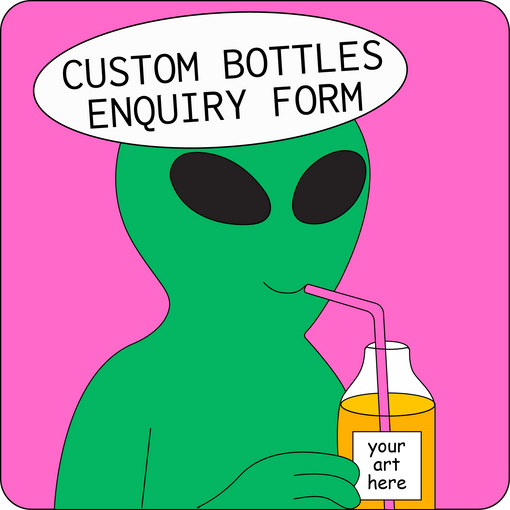 An illustration of a happy alien drinking kombucha from a bottle with a straw, with a sticker that says "your art here" on the bottle. On the top, a 'Custom Bottles Enquiry Form' badge in a circle