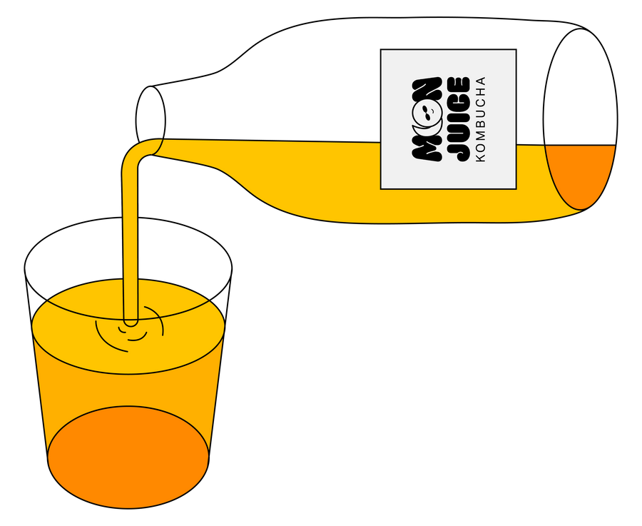 An illustration of a kombucha bottle being poured into a cup.