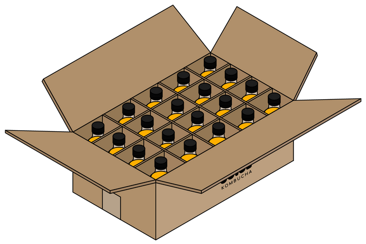 An illustration of an opened cardboard box with 20 bottles inside, and a Moon Juice Kombucha logo printed on the box.