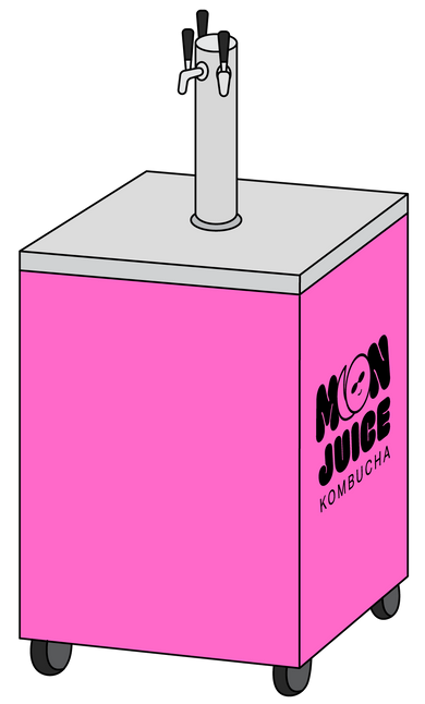 An illustrated sticker of a pink kombucha kegerator with 3 taps, and the logo of "Moon Juice Kombucha" printed on it.