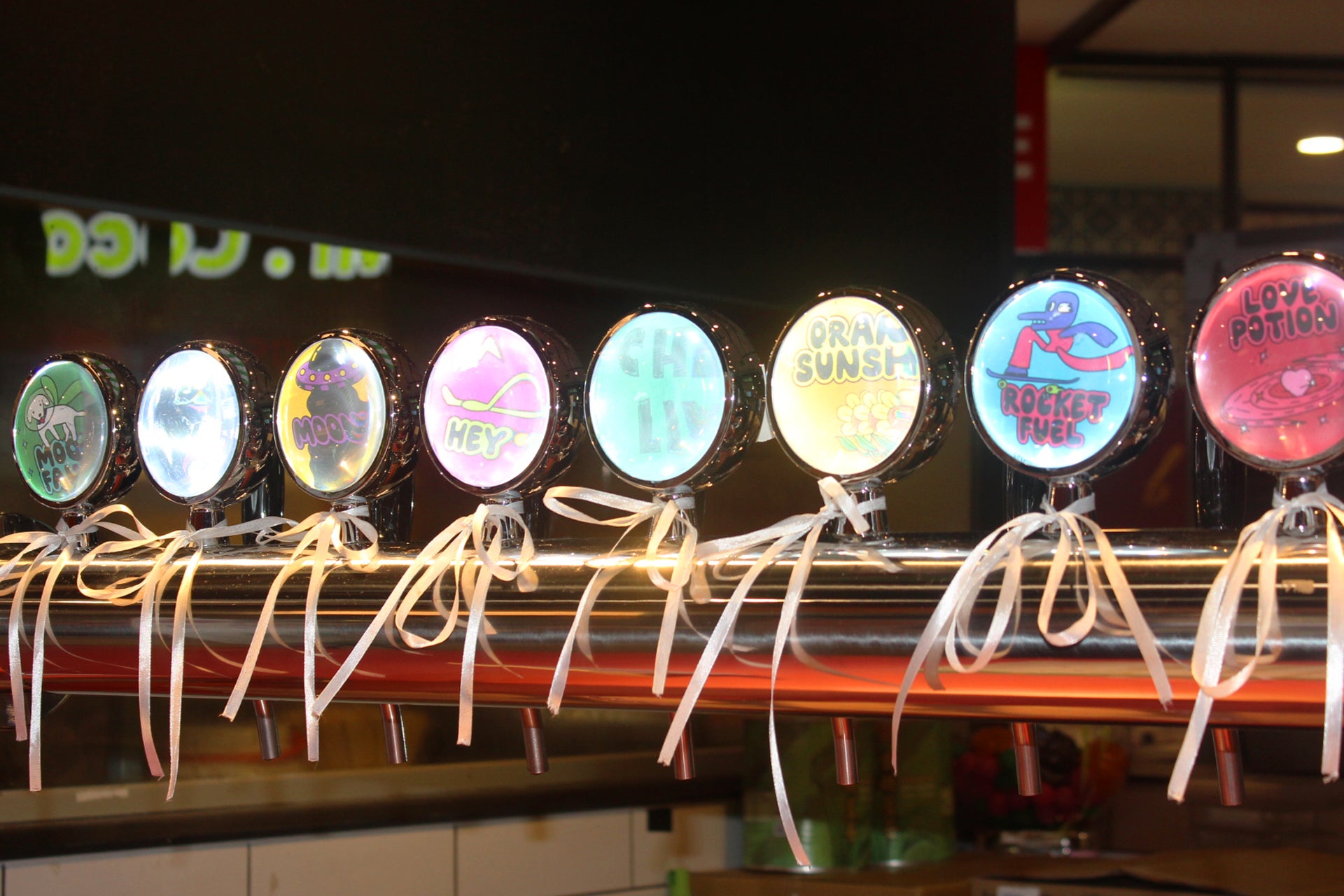 Kombucha tap tower with eight flavour labels