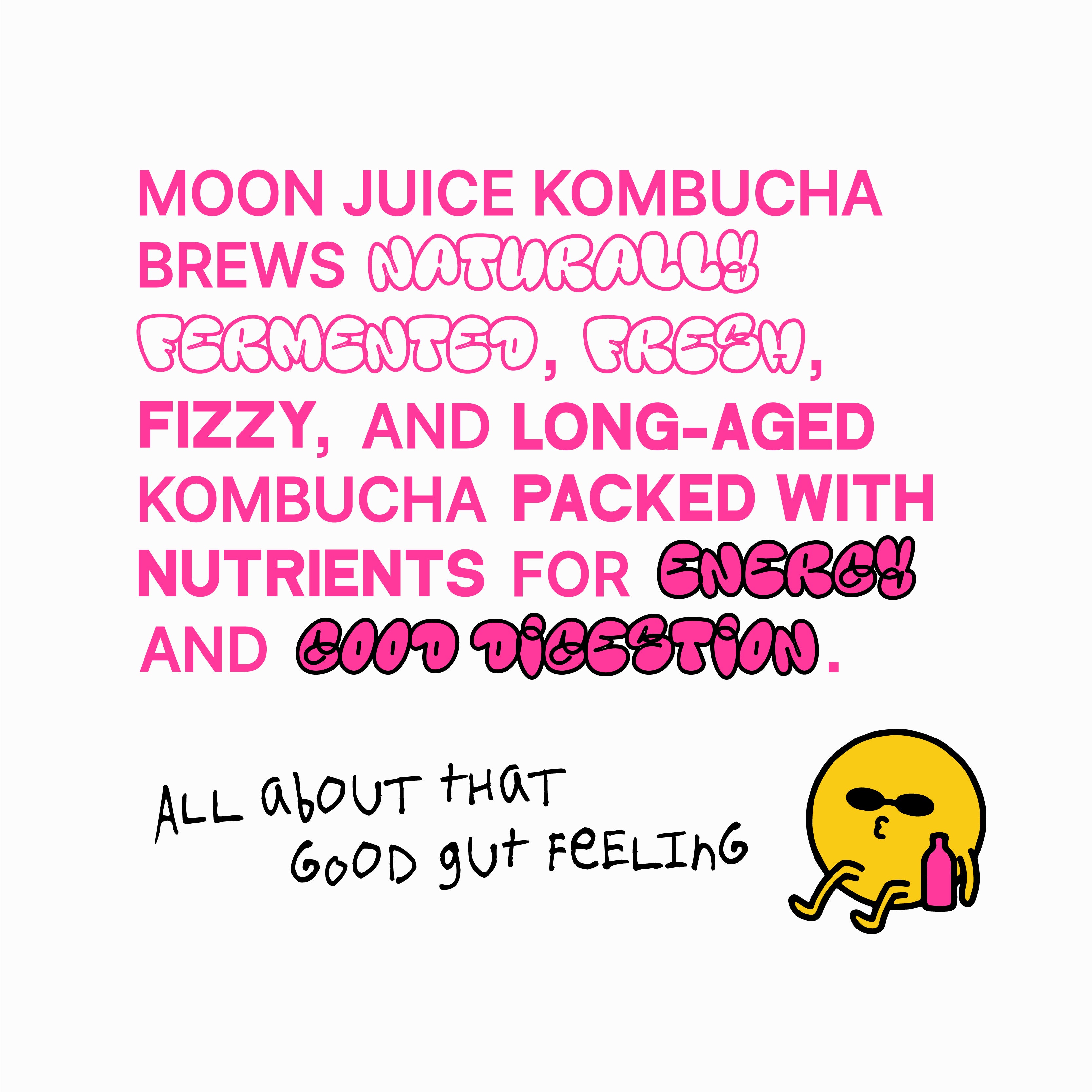 Moon Juice Kombucha brews naturally fermented, fresh, fizzy and long-aged Kombucha packed with nutrients for energy and good digestion. All about that good gut feeling. Image of Moon Guy with Sunglasses