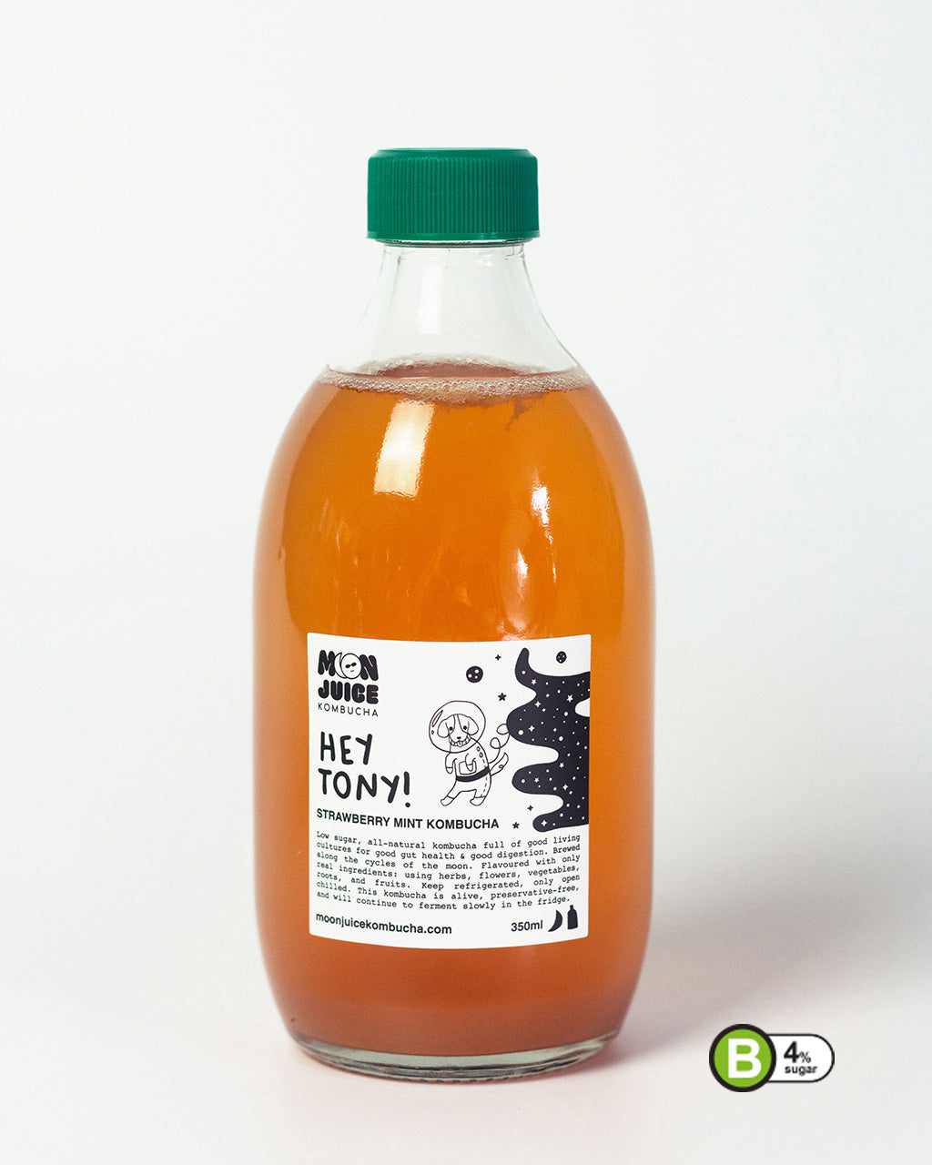 A 350ml bottle of Hey Tony! (Strawberry Mint Kombucha) with a green cap against a clean white background. Includes a Nutri-Grade B label, indicating 5% sugar content.