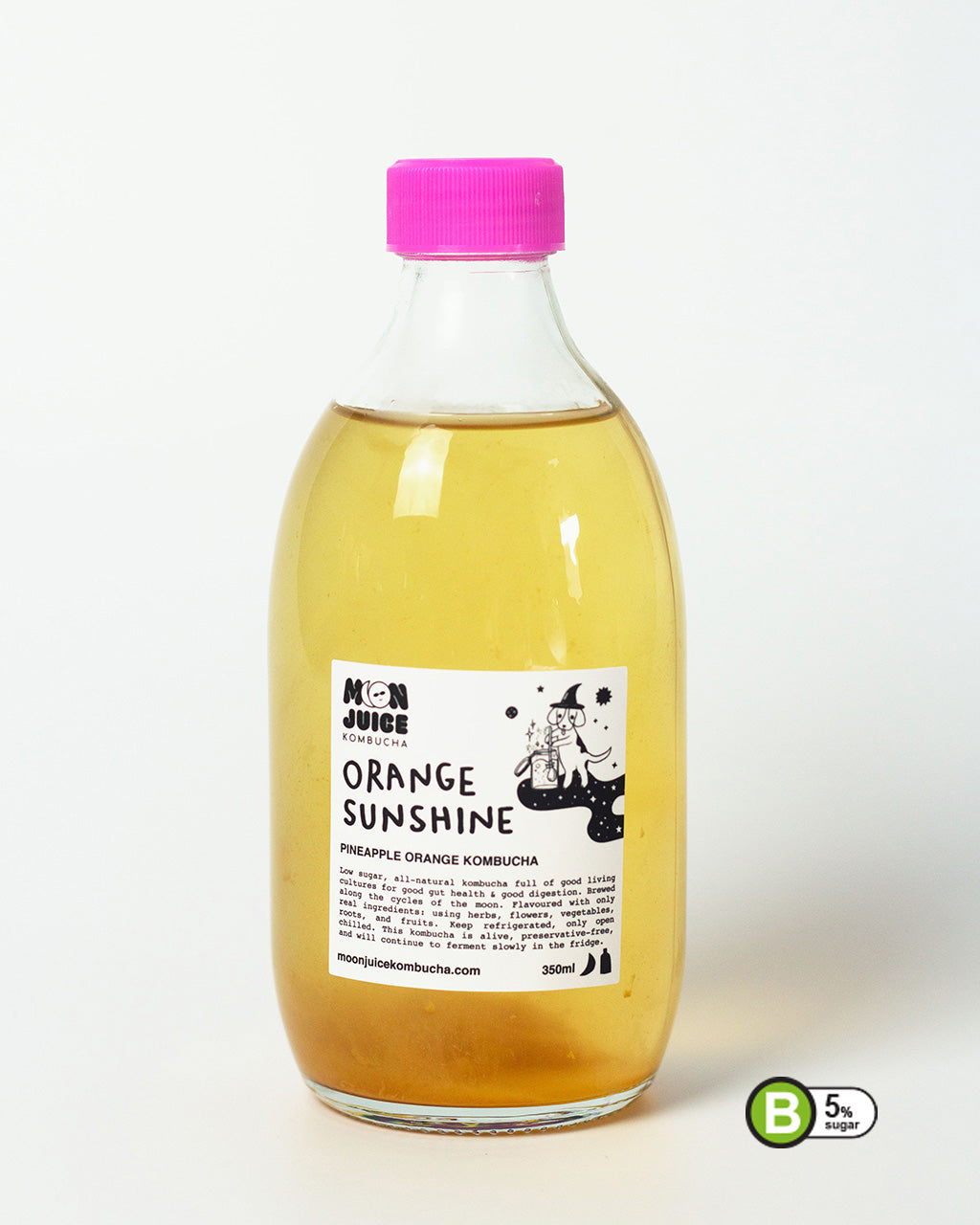 A 350ml bottle of Orange Sunshine (Pineapple Orange Kombucha) with a pink cap against a clean white background. Includes a Nutri-Grade B label, indicating 5% sugar content.