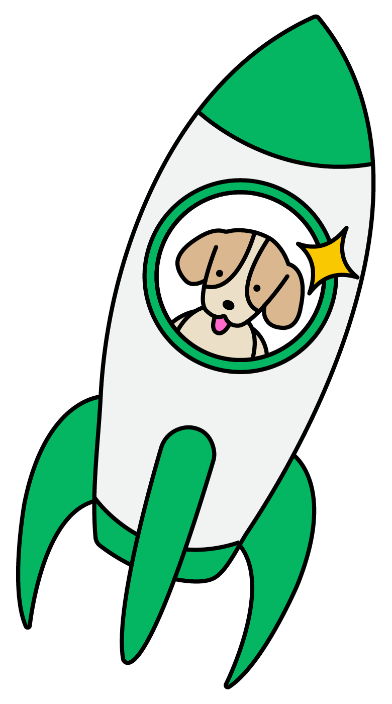 An illustrated white and green rocket with a dog sticking its tongue out in the window