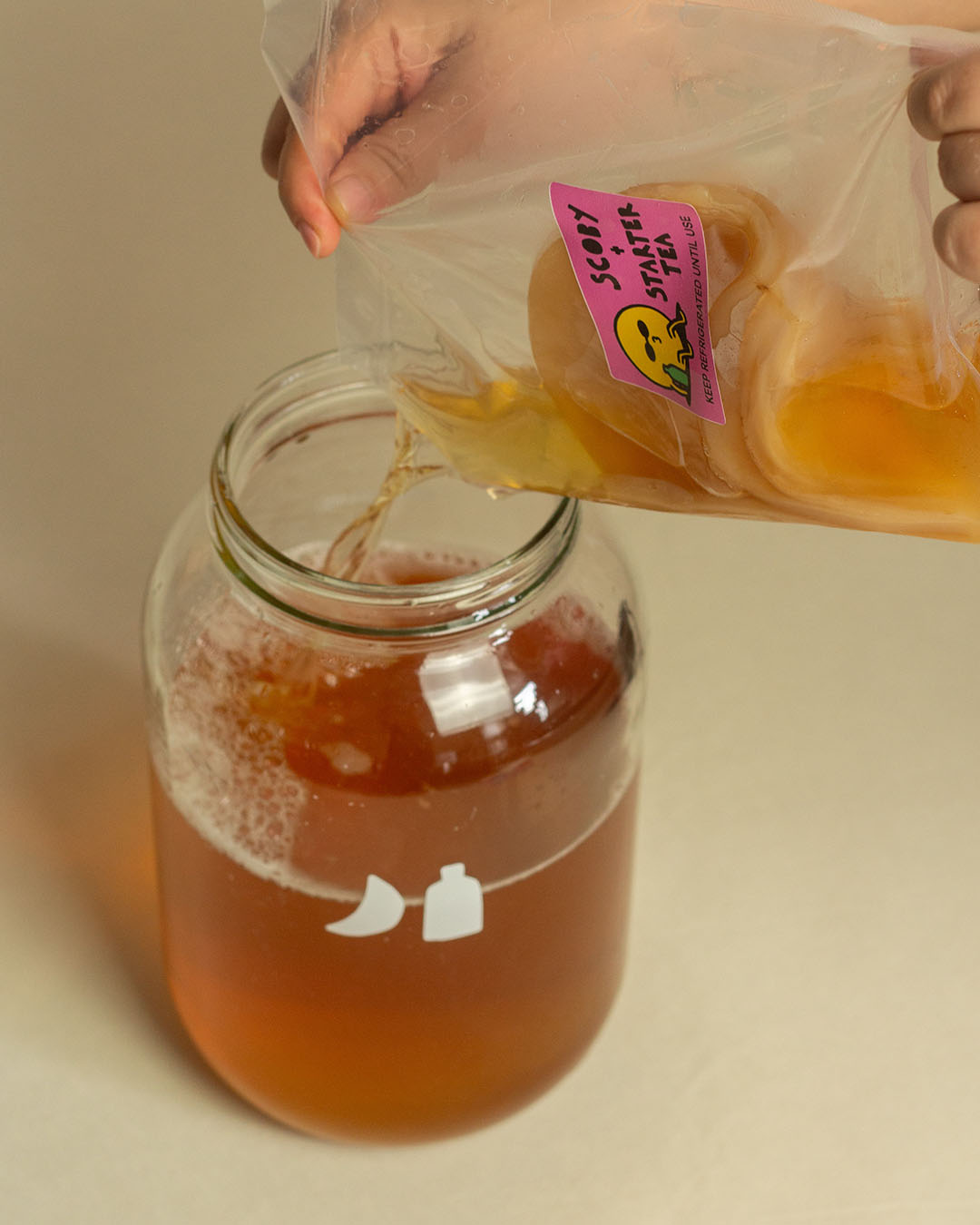 SCOBY and Starter Tea Packet being emptied into a jar of tea